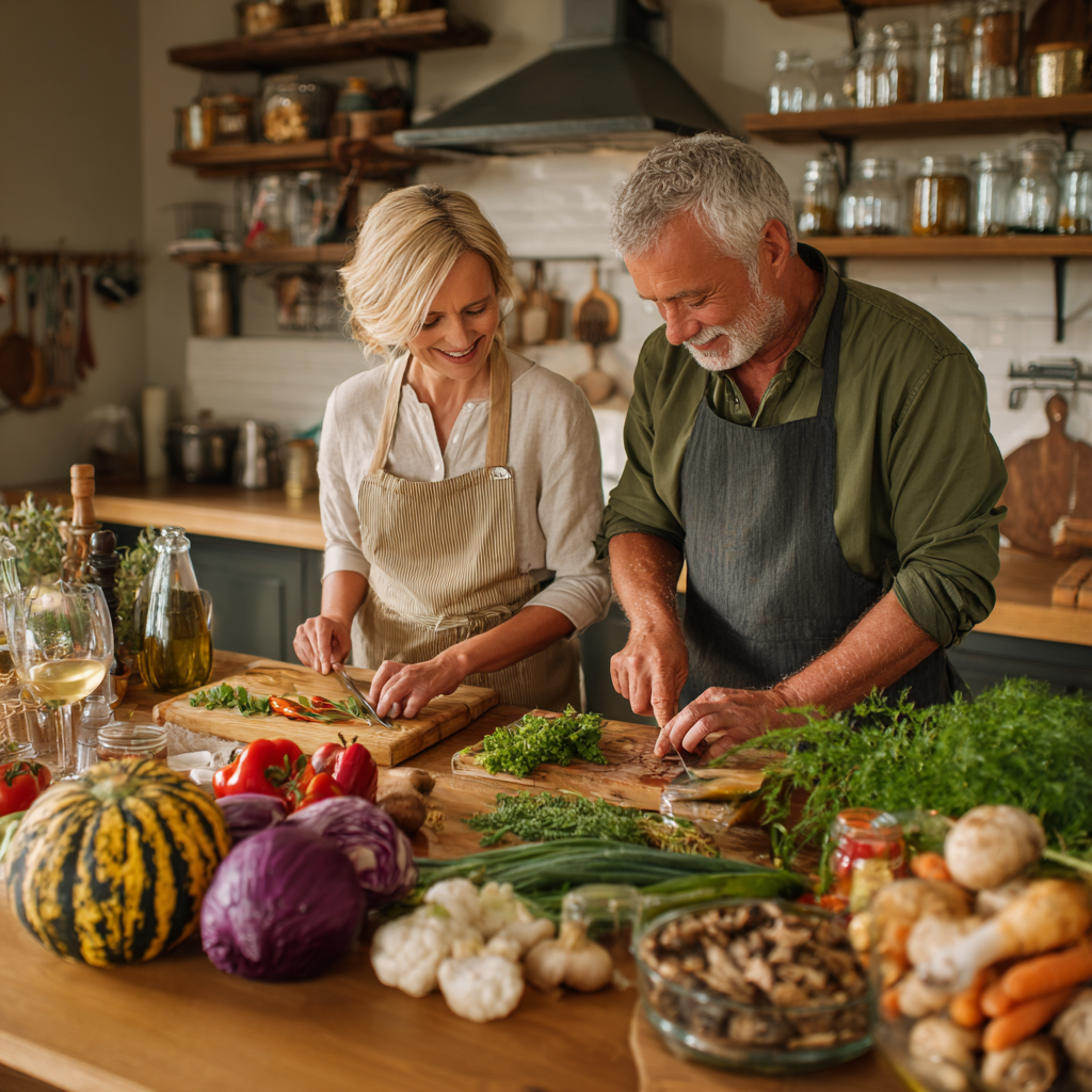 Middle-aged adults preparing healthy meals with seasonal ingredients