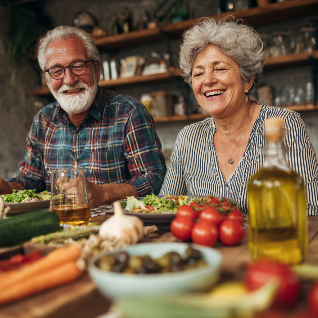 Older adults enjoying Mediterranean-style meals with fresh vegetables and healthy oils